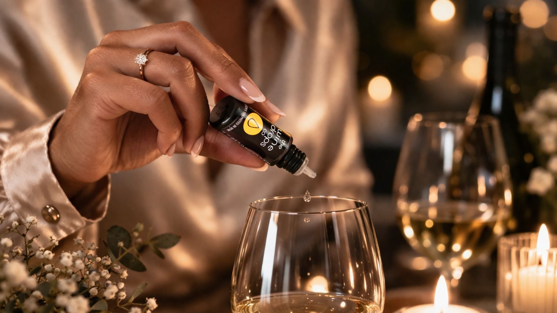 Hand pouring a drop of liquid into a glass with candles and wine bottles in the background