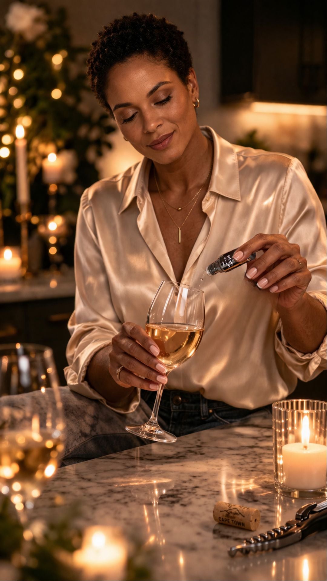 Woman pouring The Wine Drops into a glass with a festive background