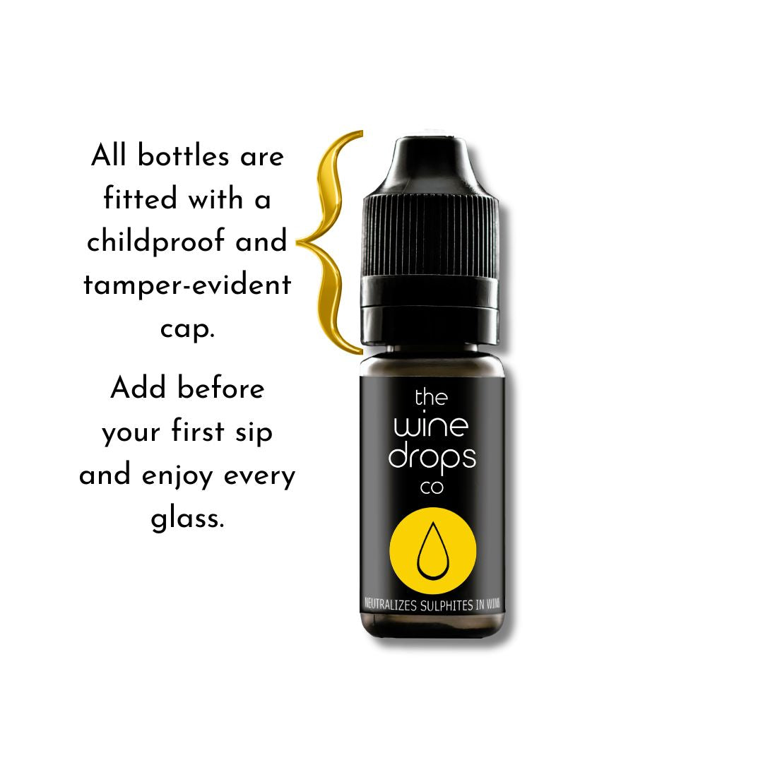 Bottle of 'the wine drops' with text about childproof cap on a white background