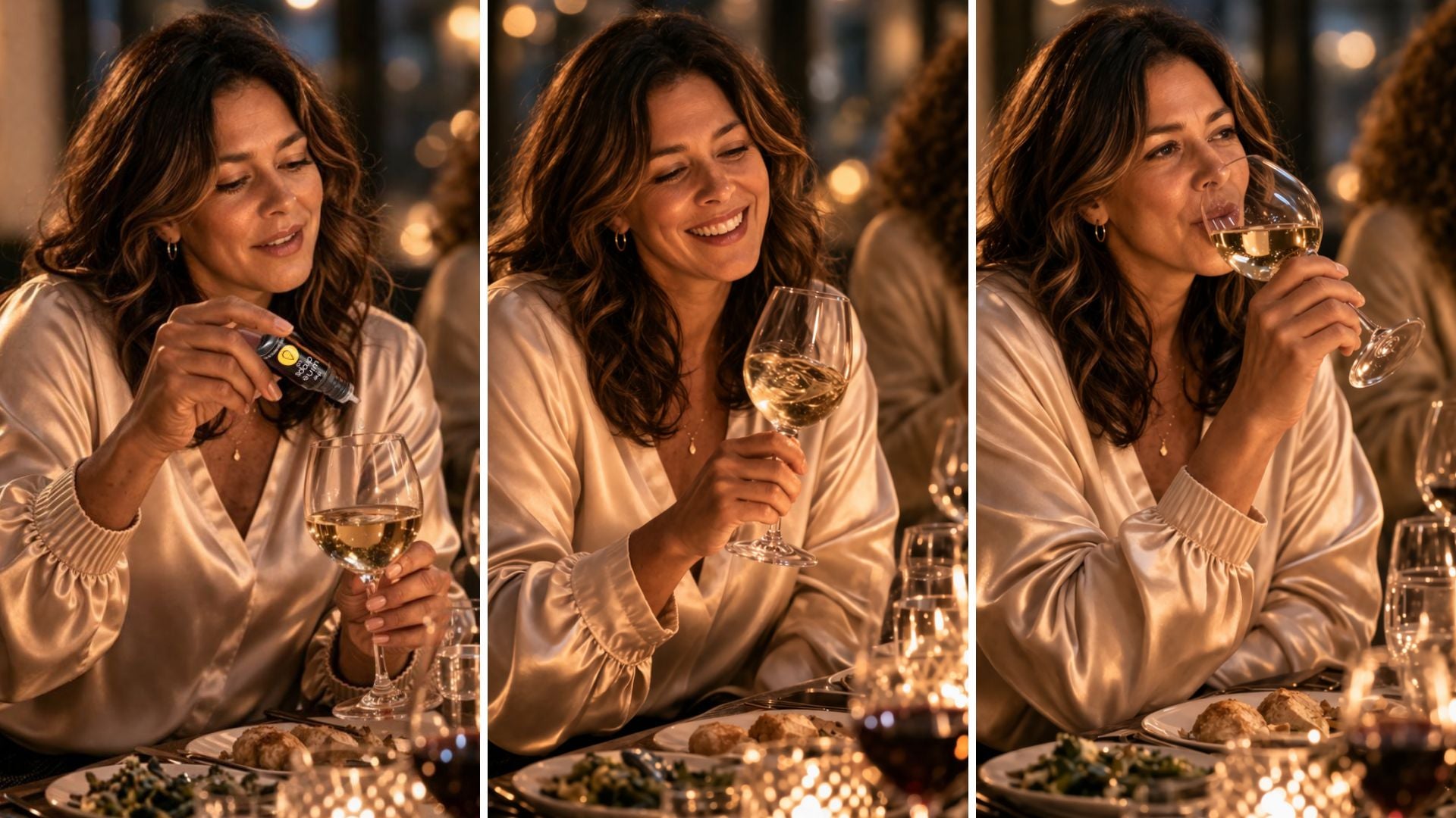Woman enjoying a meal and wine at a restaurant